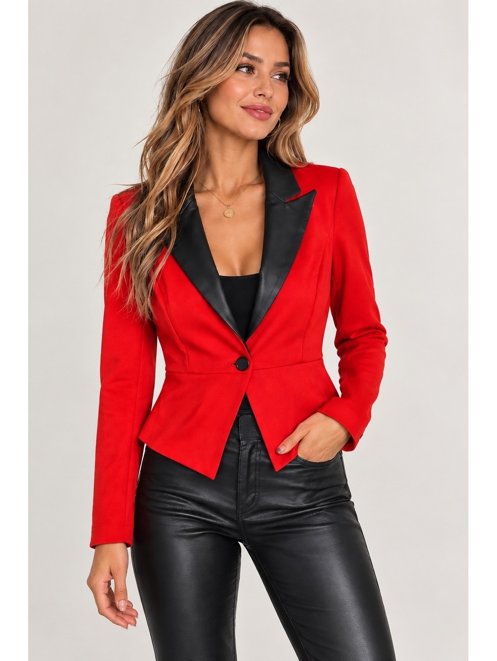 Kardashian Kollection Red Black Faux Leather Lapel Peplum Blazer Y2K S